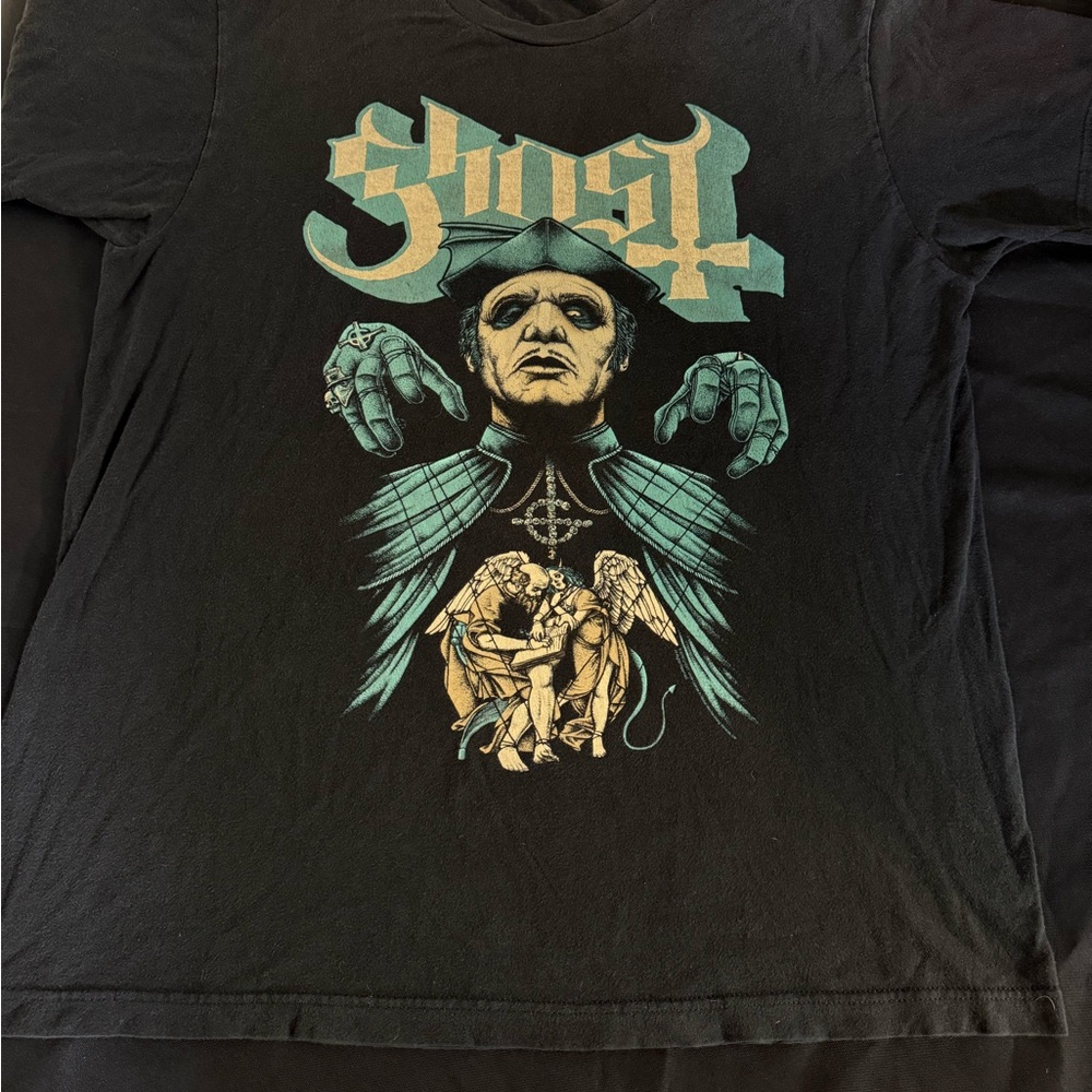 Ghost Band Graphic Black T‑Shirt with Teal and Beige Print